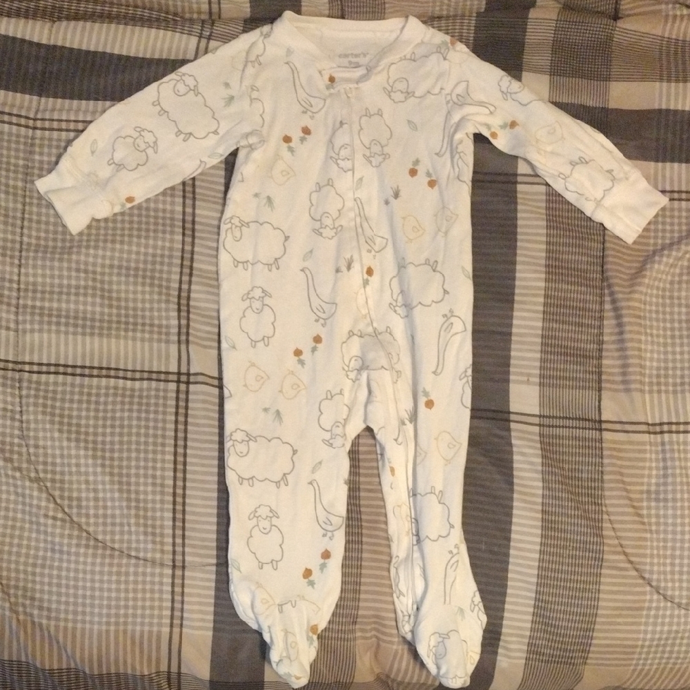 Carter's White Baby Footed One-Piece with Gray Sheep and Tan Accents